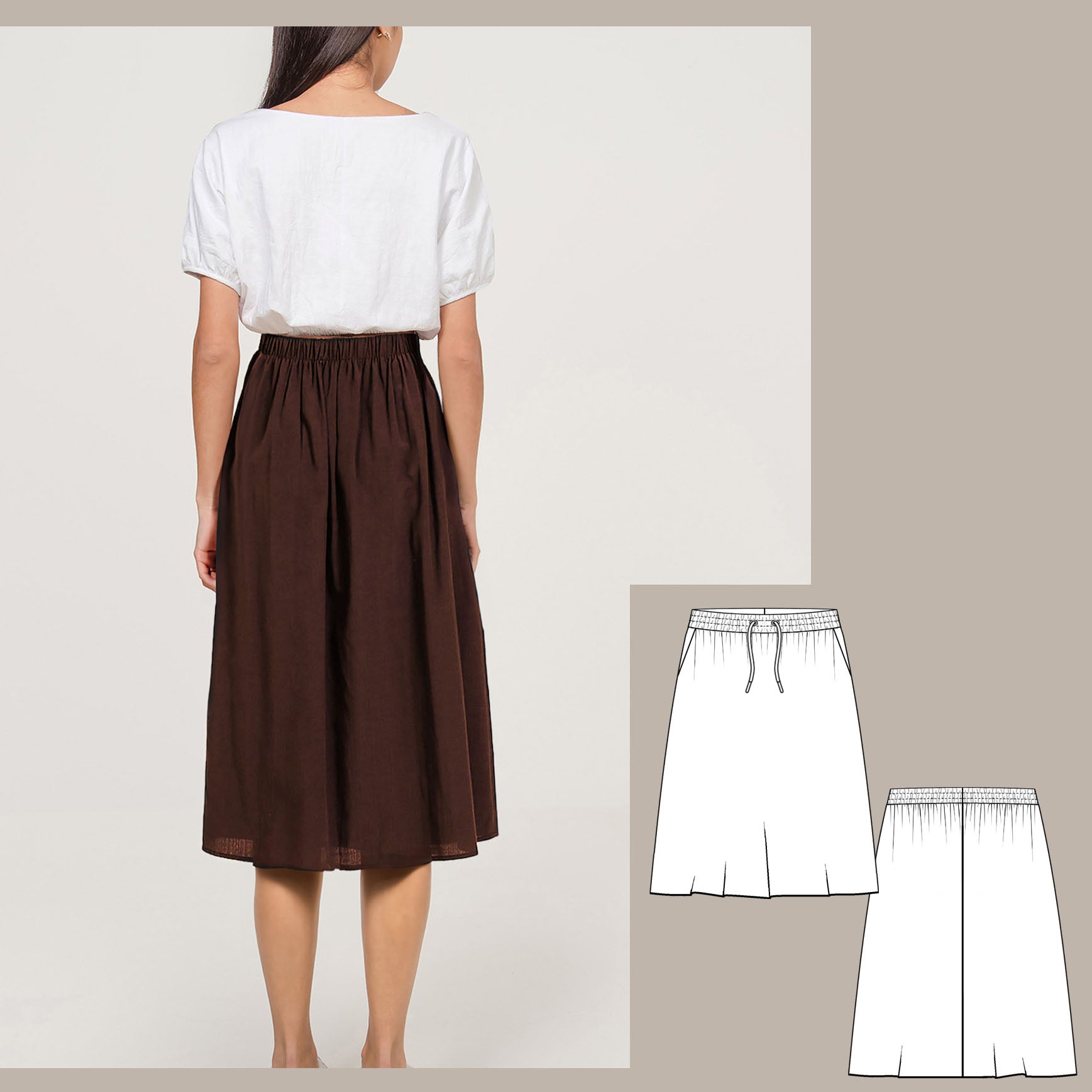 Midi Drawstring Skirt PDF digital sewing pattern back image