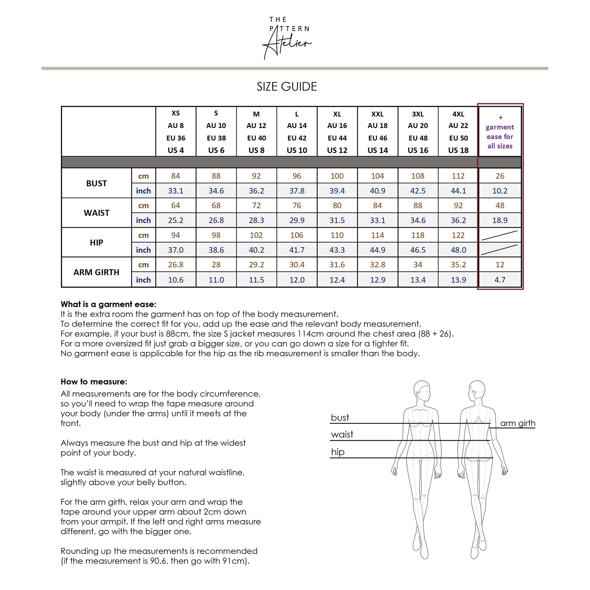 Bomber Jacket PDF digital sewing pattern size chart