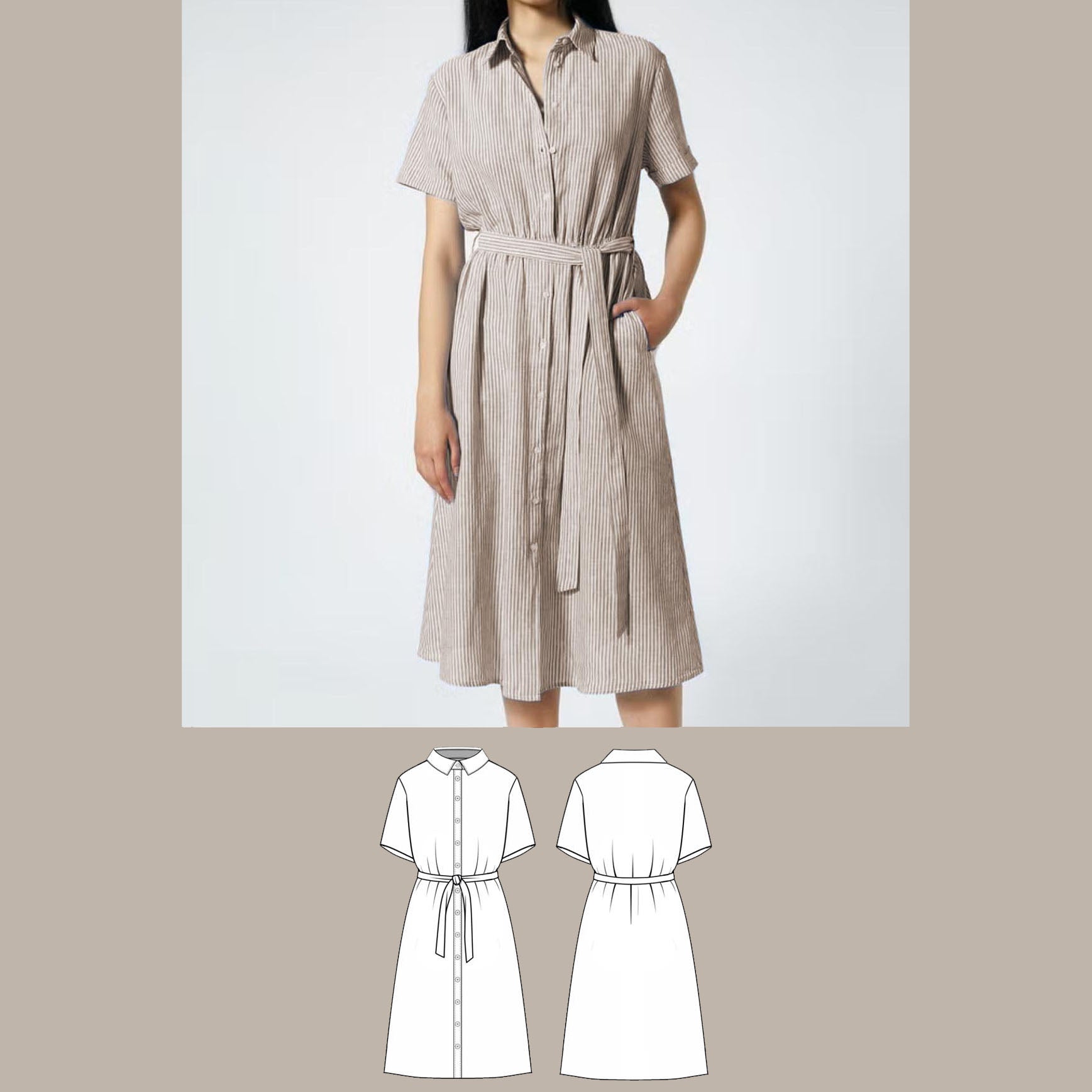 Relaxed belted midi shirt dress digital sewing pattern bundle detail image