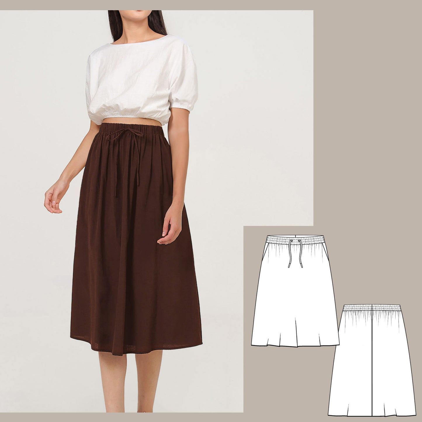 Midi Drawstring Skirt PDF digital sewing pattern side image