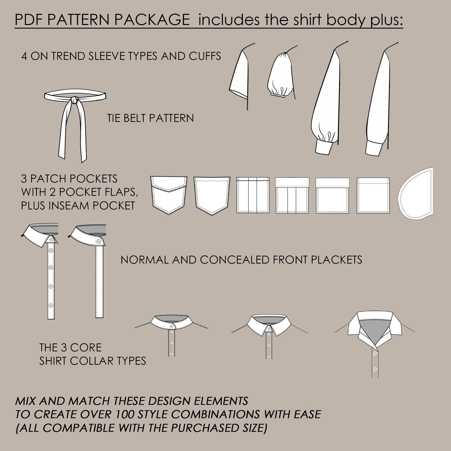 Relaxed belted midi shirt dress digital sewing pattern bundle variations image