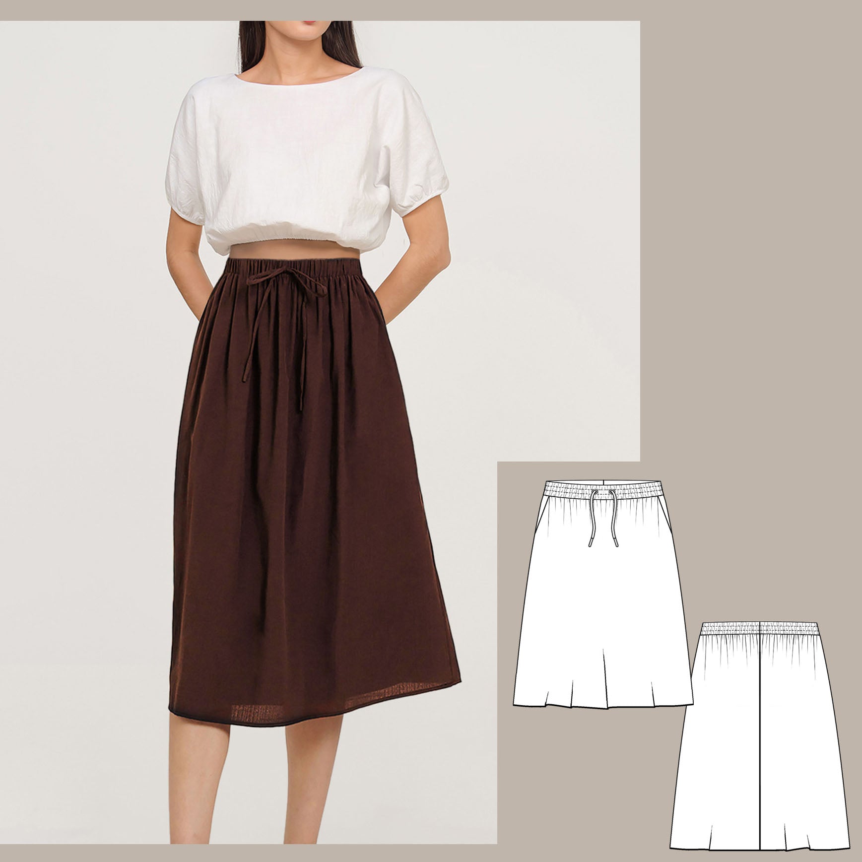 Midi Drawstring Skirt PDF digital sewing pattern front image