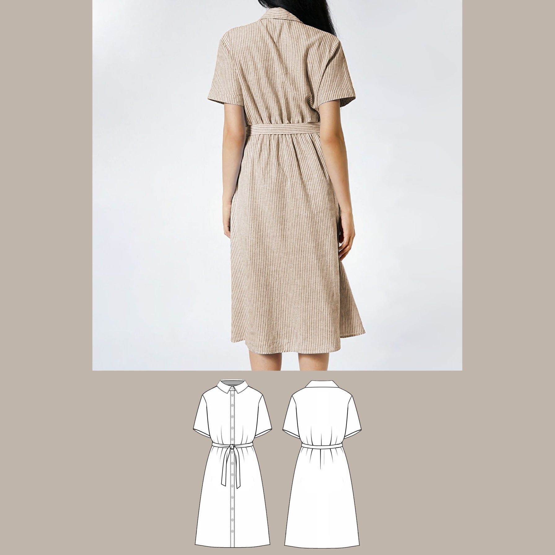 Relaxed belted midi shirt dress digital sewing pattern bundle back image