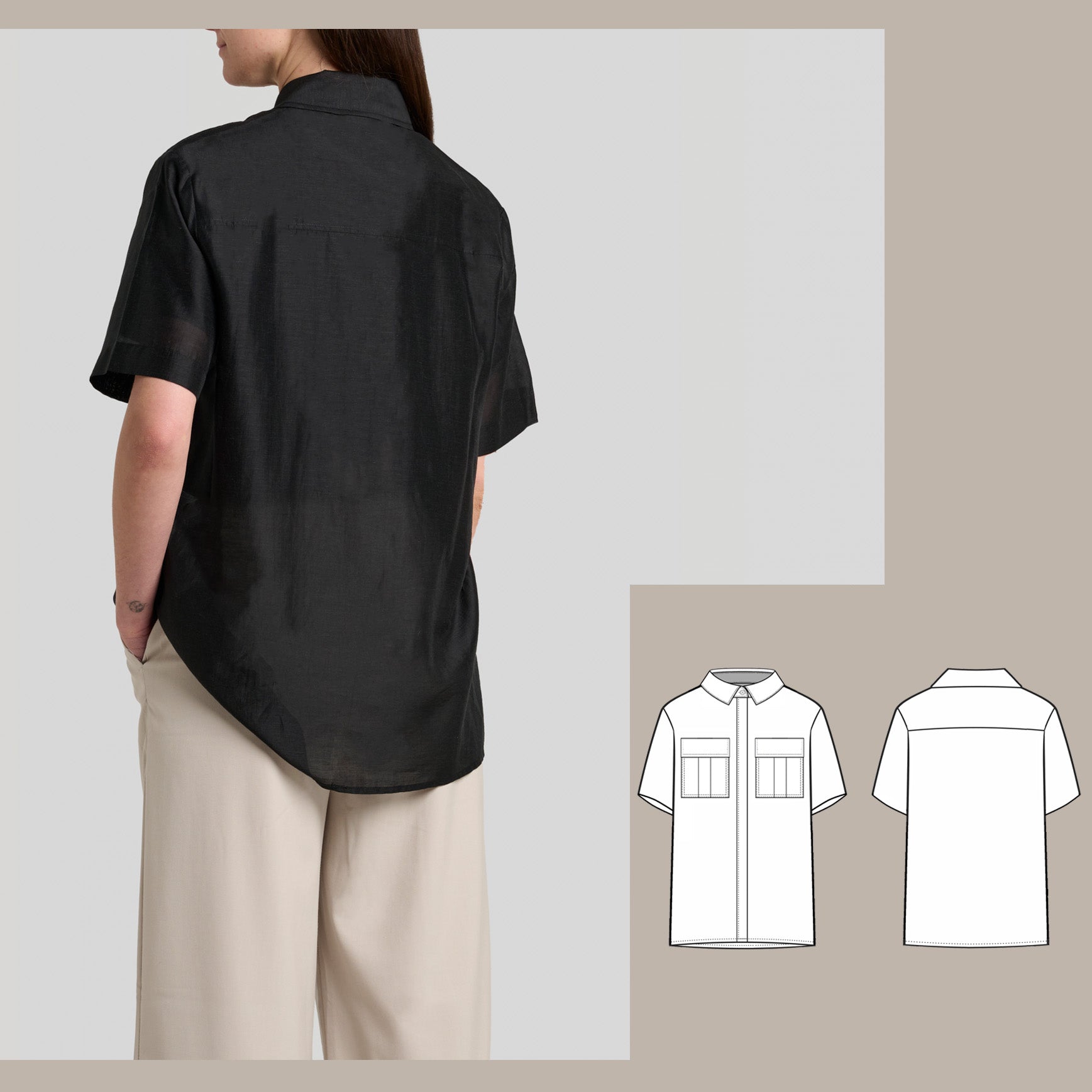 Off-shoulder relaxed shirt digital sewing pattern bundle back image