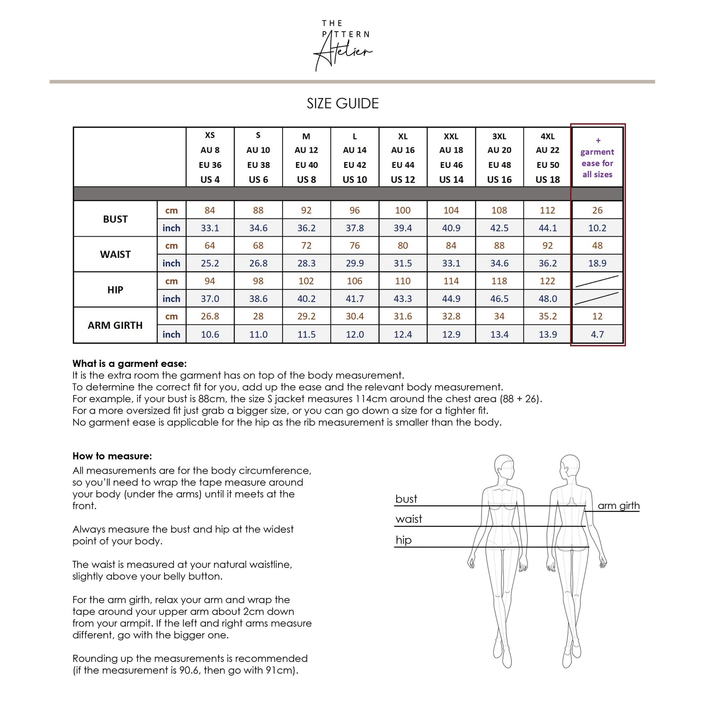 Bomber Jacket PDF digital sewing pattern size chart