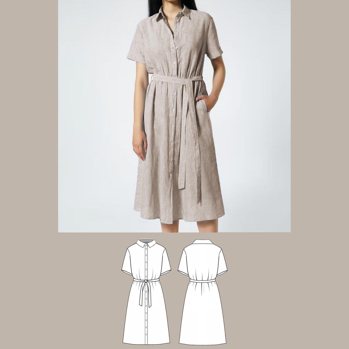 Relaxed belted midi shirt dress digital sewing pattern bundle detail image