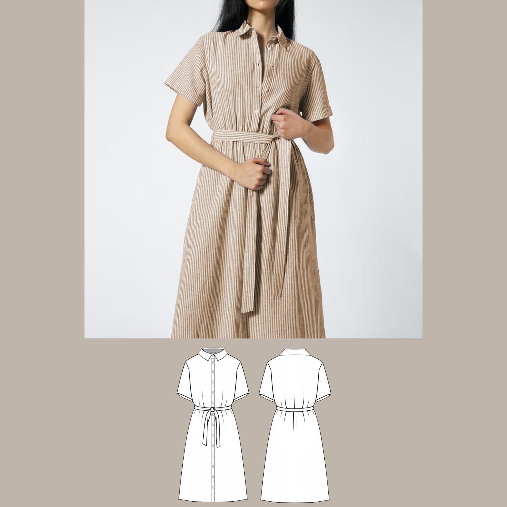 Relaxed belted midi shirt dress digital sewing pattern bundle front image