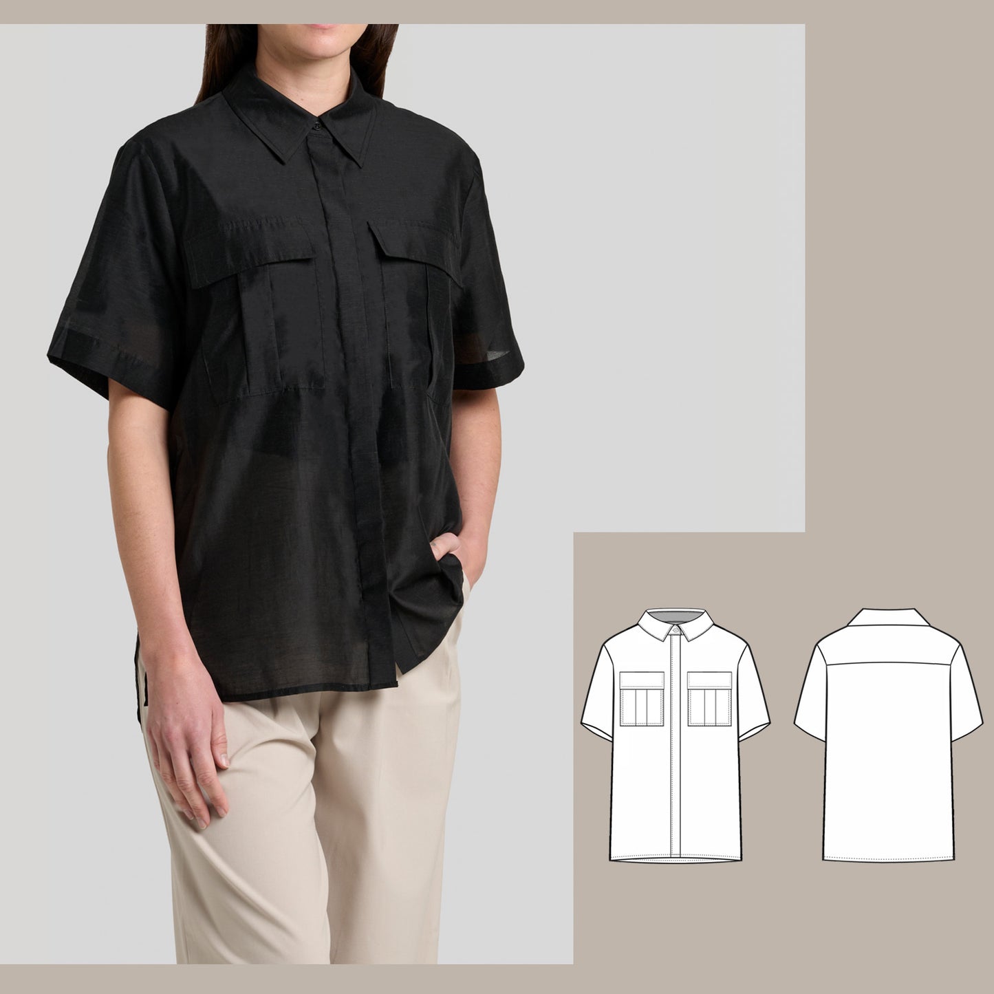Off-shoulder relaxed shirt digital sewing pattern bundle front image