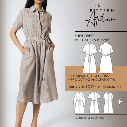 Relaxed belted midi shirt dress digital sewing pattern bundle cover image